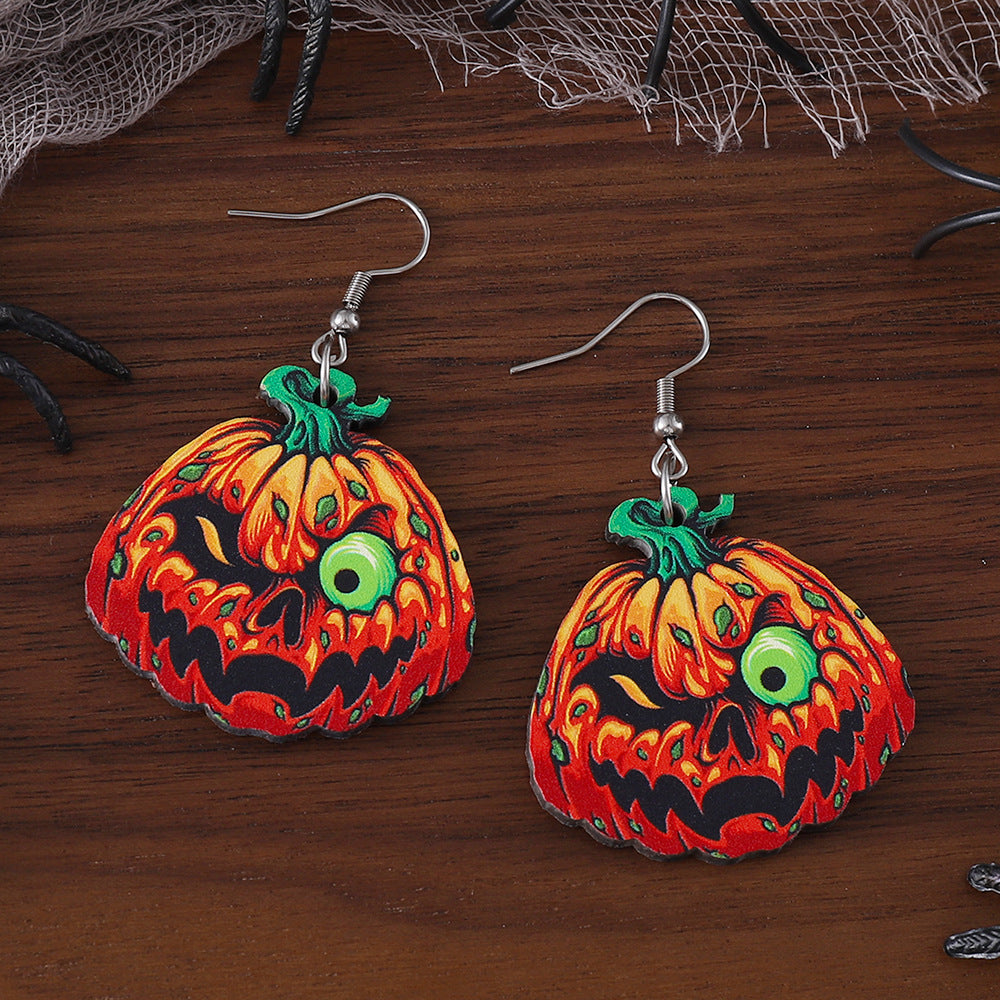 Wholesale Halloween Western Style Ghost Face Pumpkin Pendant Earrings Wood Earrings Goth Theme Double-sided Earrings ACC-ES-ChuLian034