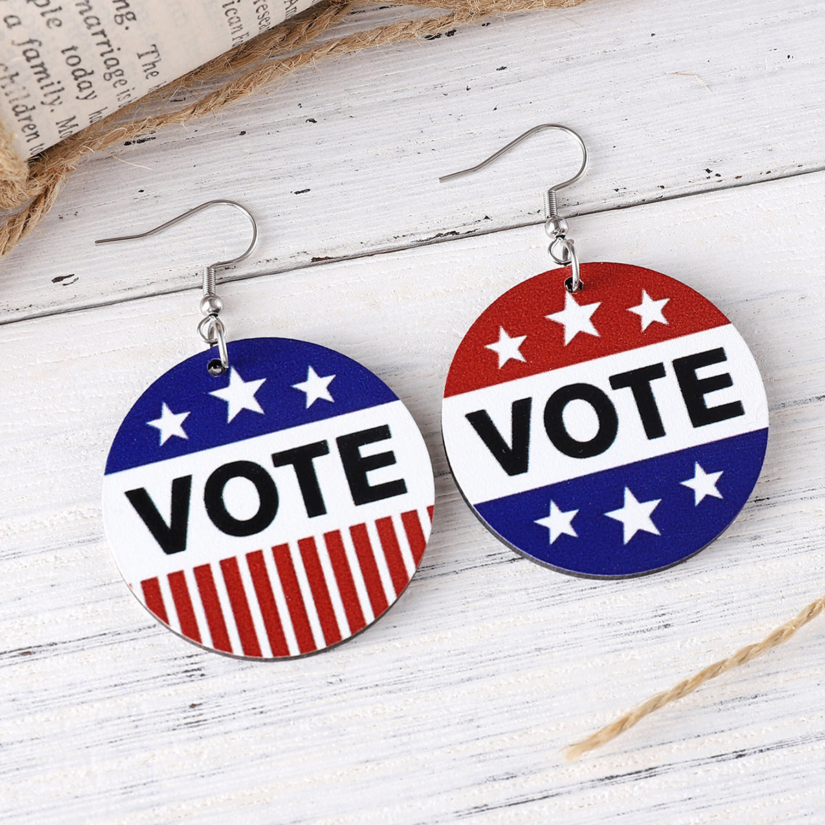 Wholesale Striped Star VOTE Round Wood Double-sided Earrings ACC-ES-ChuLian079