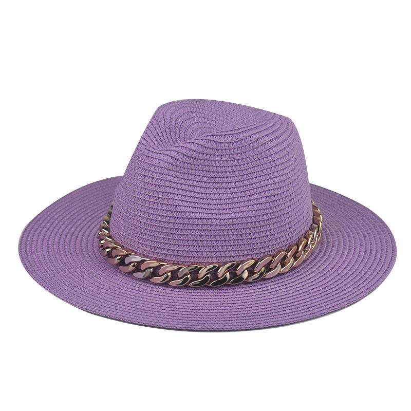 Wholesale Trendy Wide Brim Straw Hat With Gold Chain Decoration Flat Top Khaki Sun Hat For Summer Casual Wear