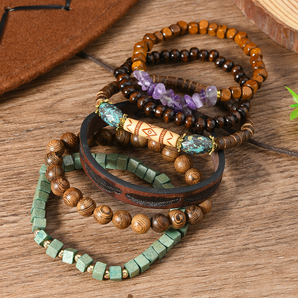 Wholesale 6-piece set wooden beaded gravel leather men and women bracelet
