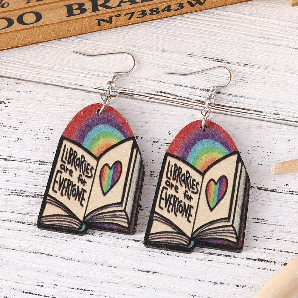 Wholesale School Season Graduation Season Rainbow Love Book Wood Double-sided Earrings ACC-ES-ChuLian049