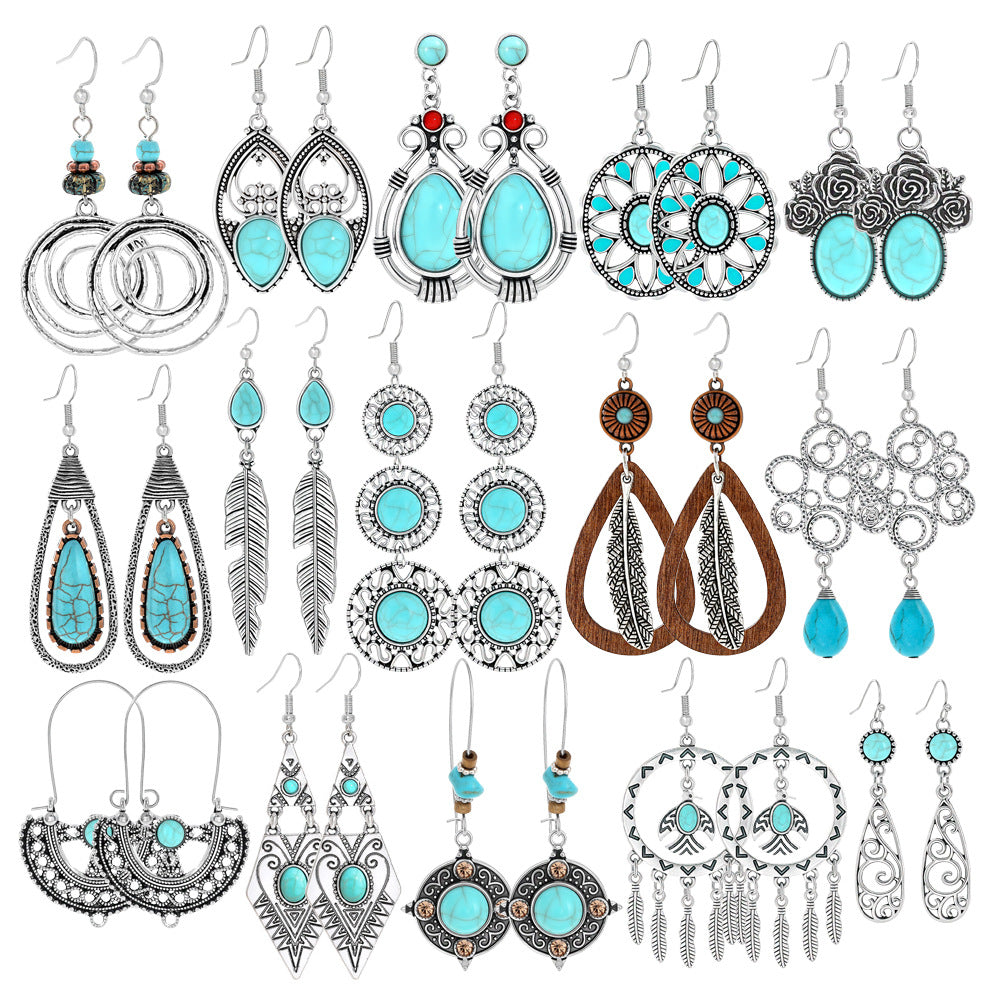 Wholesale Turquoise Geometric Tassel Earrings Antique Silver Retro Fashion Accessory for Everyday Wear or Gift