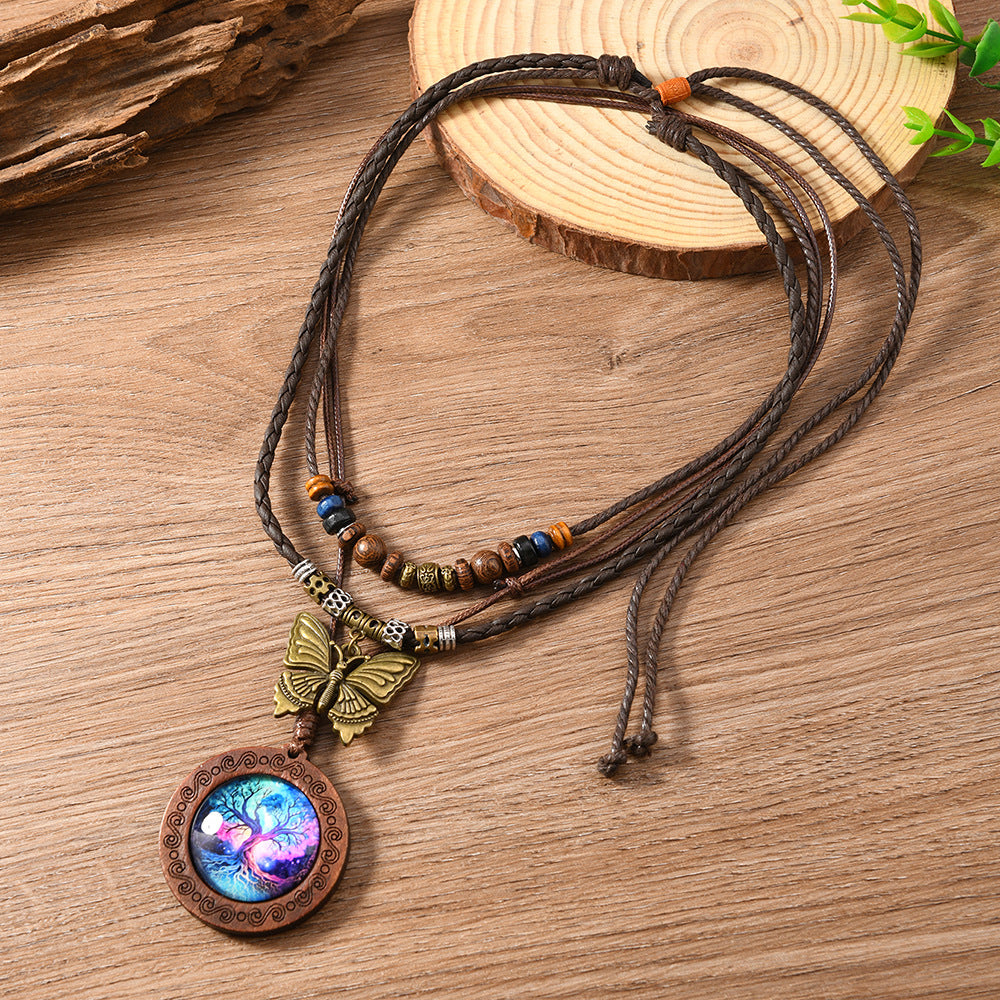 Wholesale Retro Men' s Knitted Layered Tree of Life Beaded Sweater Chain Set