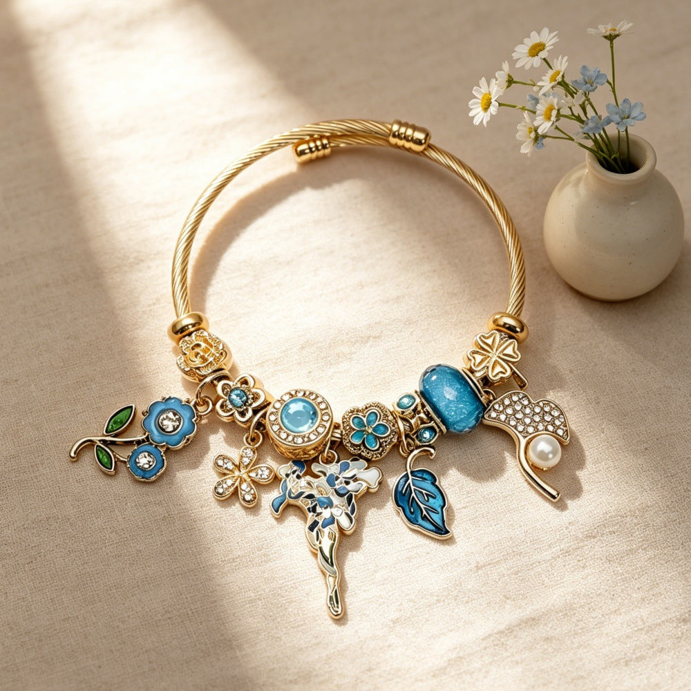 Wholesale Stainless Steel Electroplated Floral Butterfly Rhinestone Glass Bead Bracelet Trendy Women S Everyday Wear