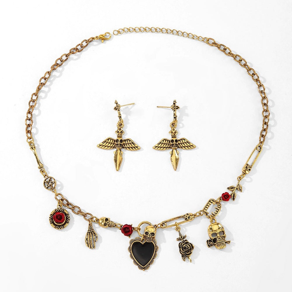 Wholesale  Punk Skull Vampire Necklace and Earrings Set Gothic Fashion Accessory Party Gift Boutique