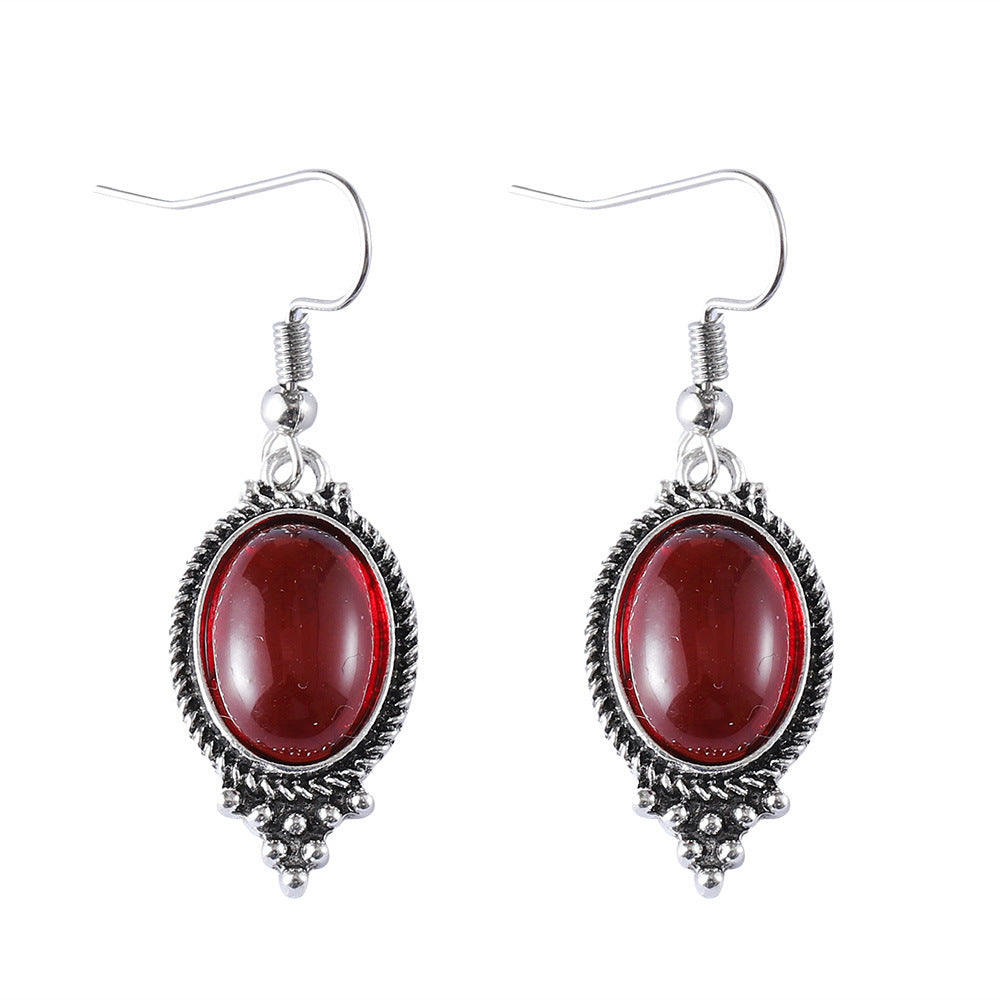 Wholesale Vintage Exquisite Embossed Ruby Oval Glass Pendant Earrings Necklace suit