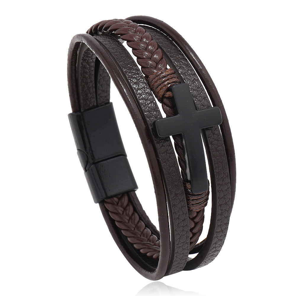 Wholesale Men's Braided Leather Magnetic Clasp Cross Alloy Bracelet