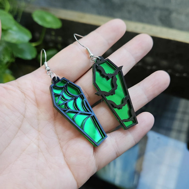 Wholesale Acrylic Gothic Bat Earrings Retro  Web Coffin Design Green Mirror Finish Fashion Accessory For Resale