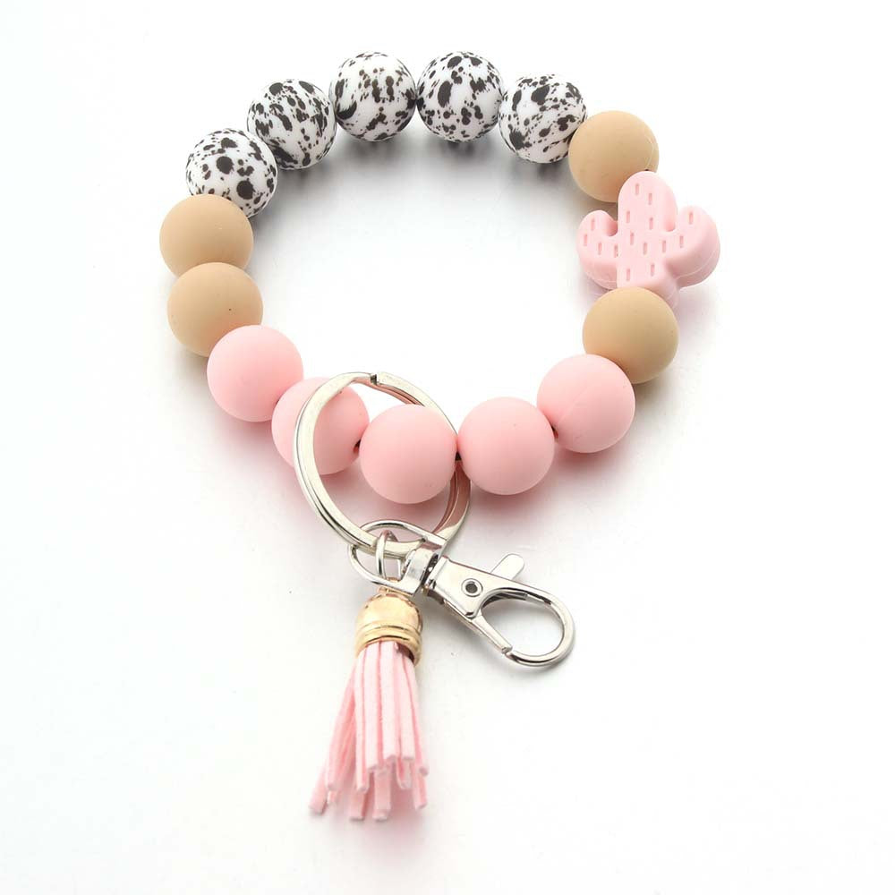 Wholesale Cactus Leopard Print Silicone Beaded Wristlet Keychain ACC-KC-JinAn012
