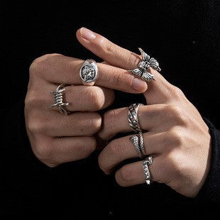 Wholesale Gothic Skull Ring Set Men' s Retro Hip-Hop Fashion Jewelry Accessory