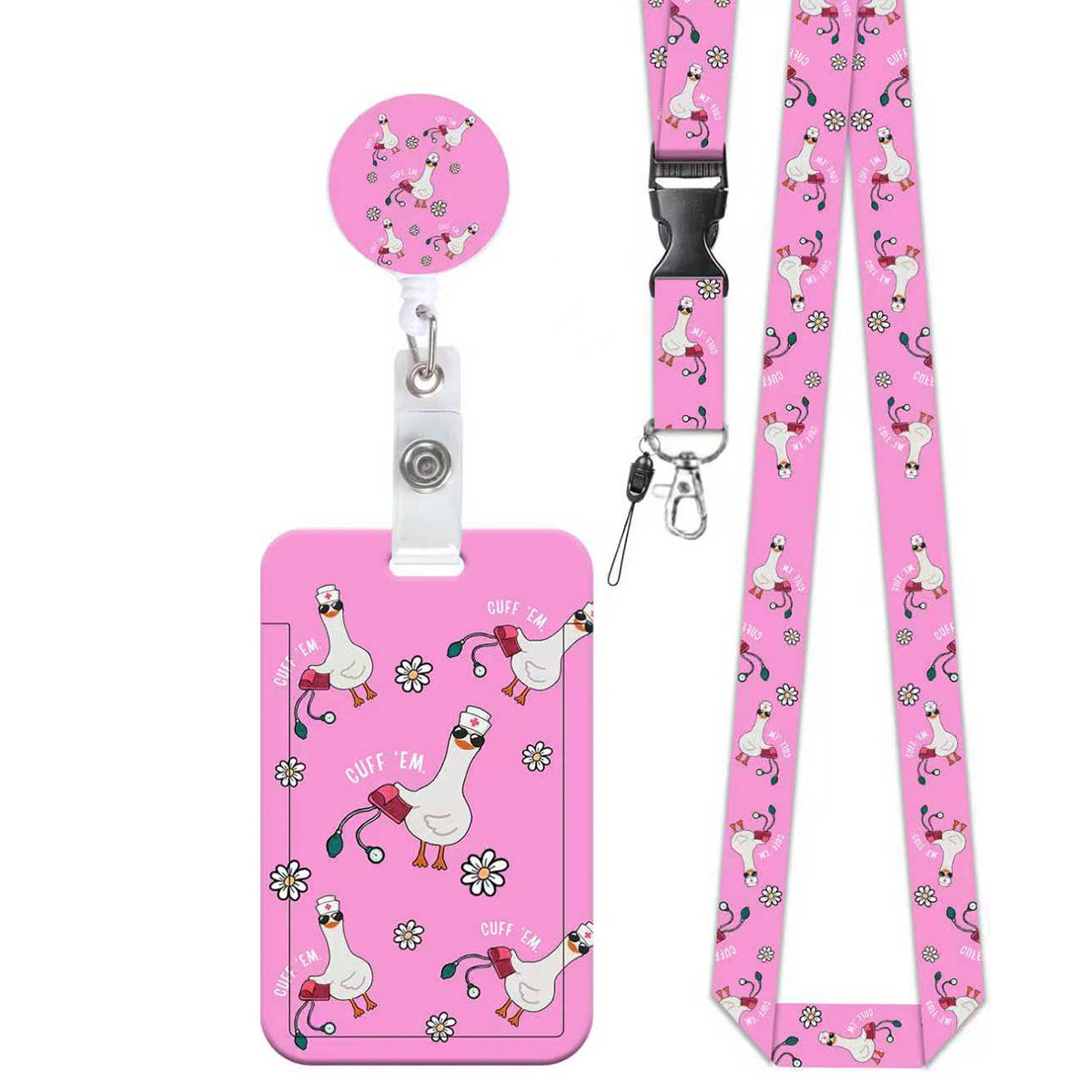 Wholesale Cross-border hot-selling retractable easy-pull buckle,  fun white goose UV printed name tag/ card holder,  polyester lanyard,  medical name tag buckle,  in stock.
