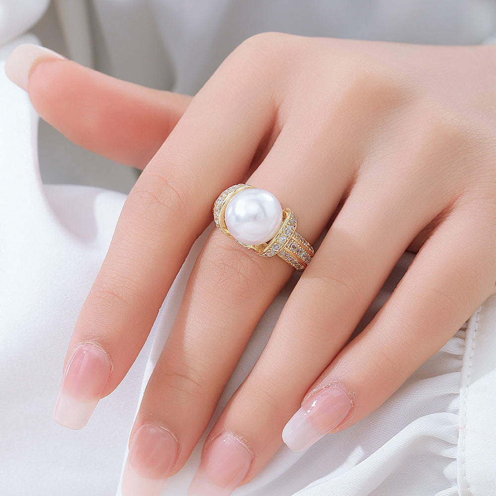 Wholesale Elegant Zircon Pearl Gold Plated Ring For Women Stylish Wedding Jewelry Fashion Accessory Boutique Resale