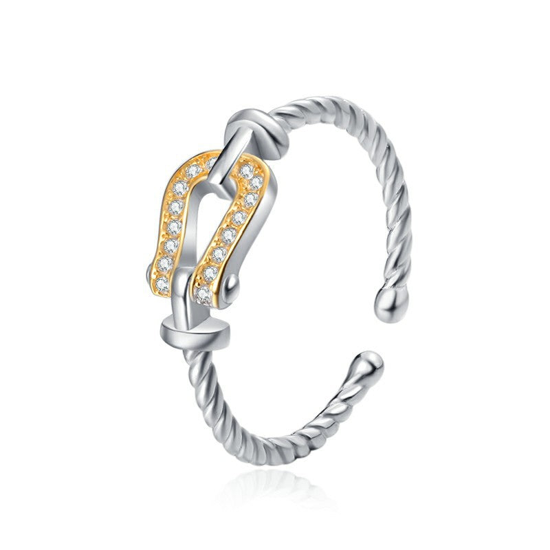 Wholesale S925 Diamond Split Gold Contrast Horseshoe Buckle Sterling Silver Ring
