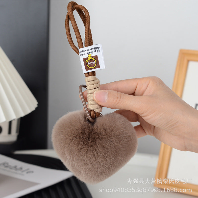 Wholesale Cute Real Rex Rabbit Hair Love Hand Rope wristlet keychain