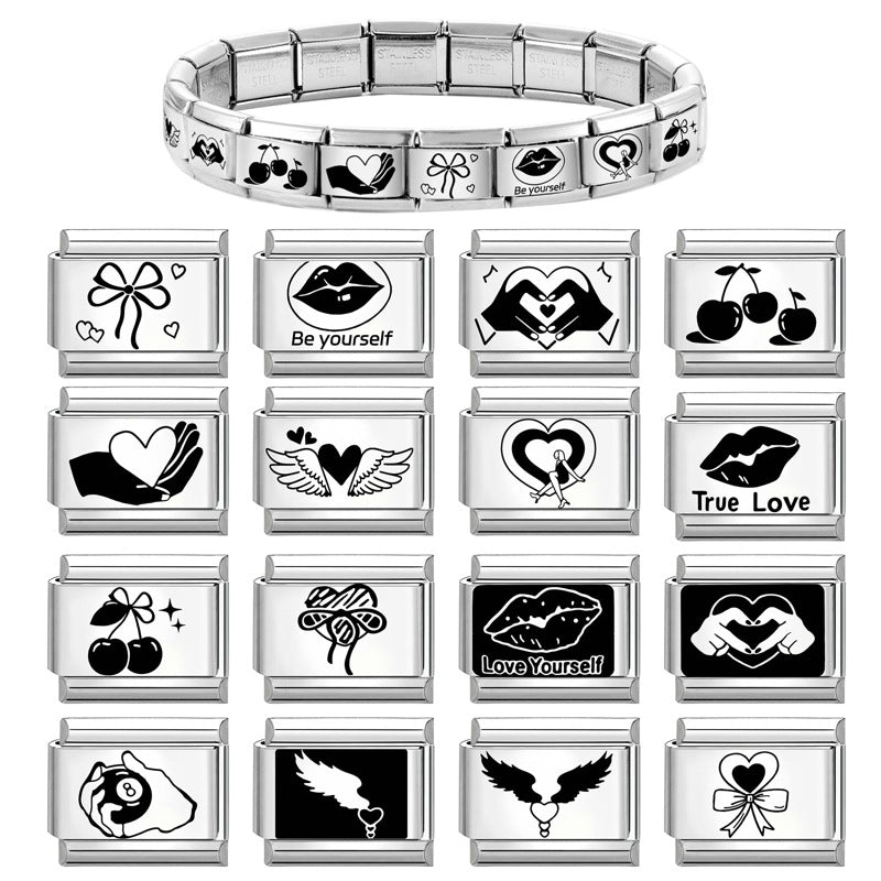 Wholesale Italian Charm Bracelet 9mm DIY Splicing Black and White Lettering Stainless Steel Composable Bracelet
