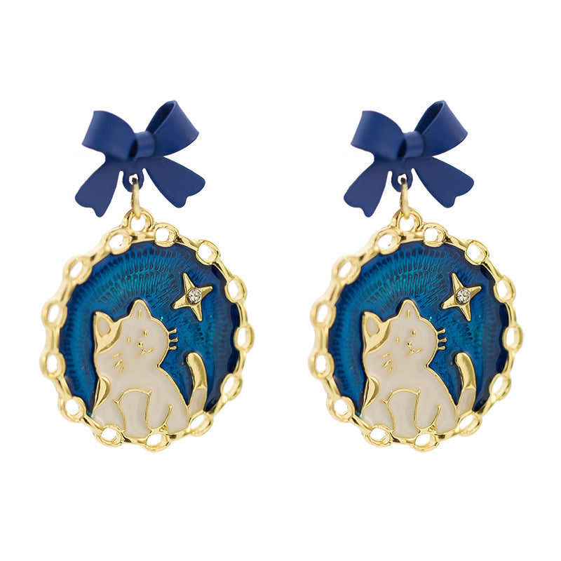 Wholesale Alloy Blue Bow Cat Earrings Japanese Style Clip On Cute Kitten Design Everyday Gift
