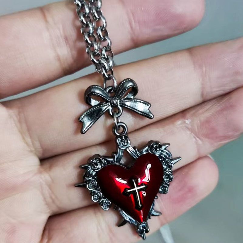 Wholesale Gothic Punk Red Black Heart Butterfly Cross Pendant Necklace Stylish Everyday Jewelry Accessory Boutique Resale
