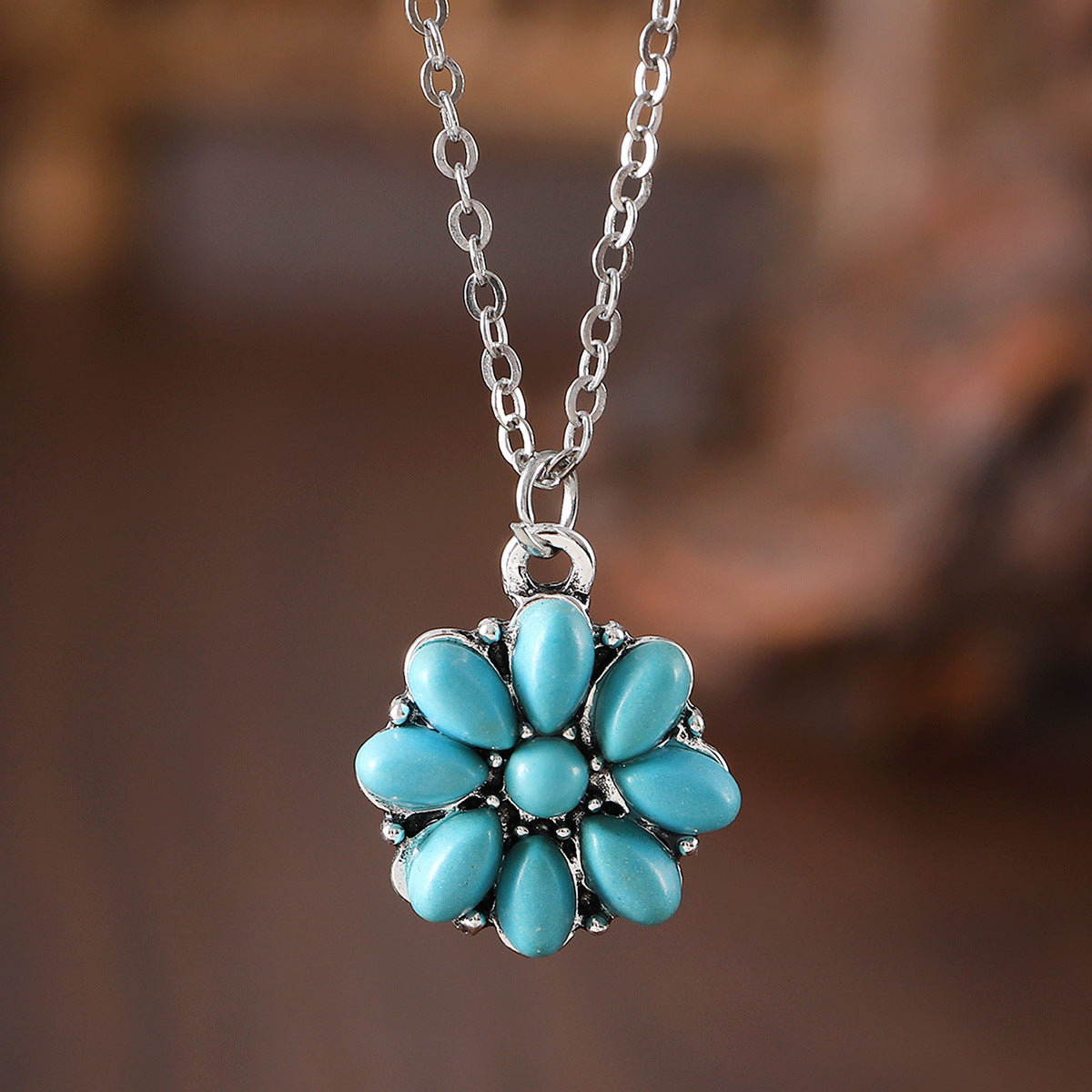 Wholesale  Bohemian Inlaid Turquoise Flower Necklace