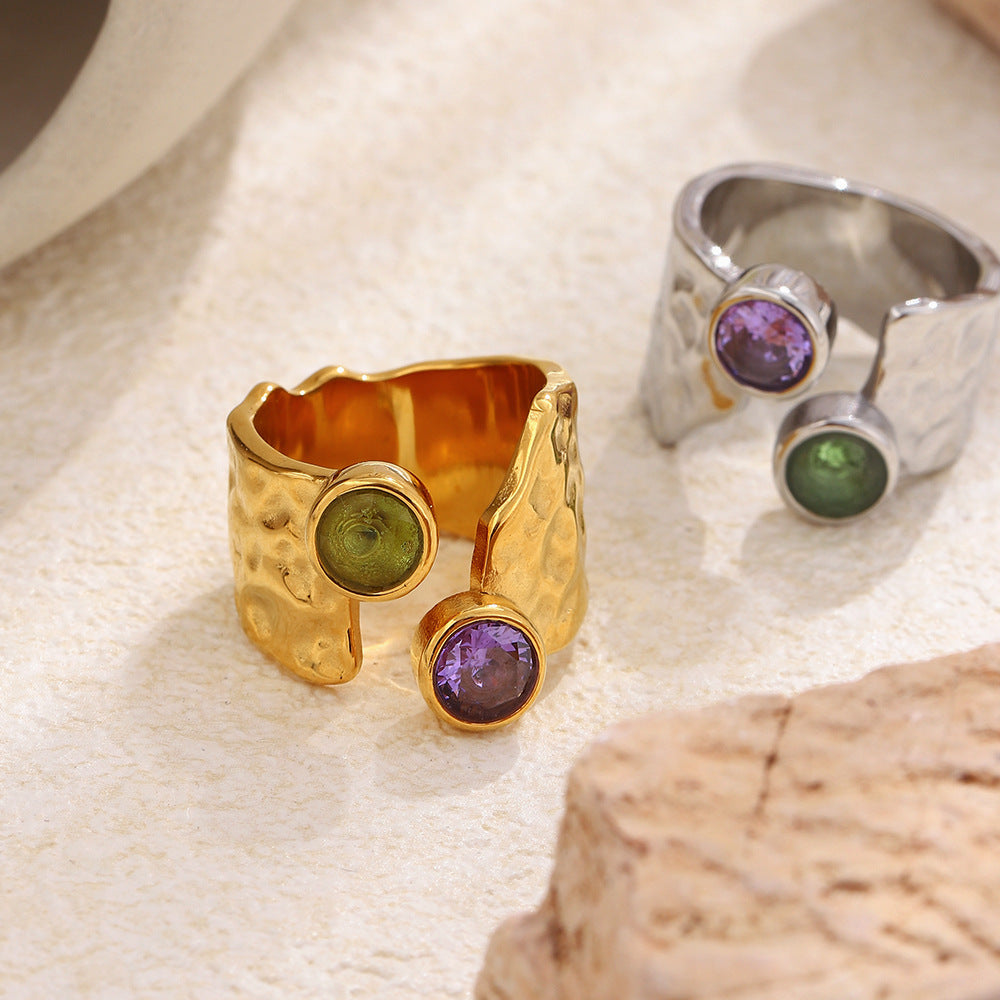 Wholesale Niche Retro Hammered Open Ring Stainless Steel 18K Plated Colorful Women' s Chic Everyday Accessory