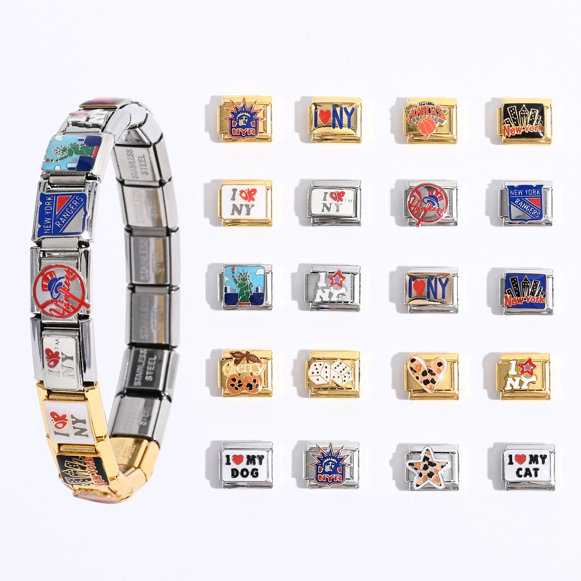 Wholesale Italian Style Stainless Steel Modular Bangle Bracelet with Block Print Pattern,  Fashion Accessory