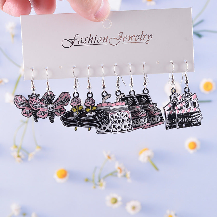 Wholesale Halloween pink and black skull ghost earrings set