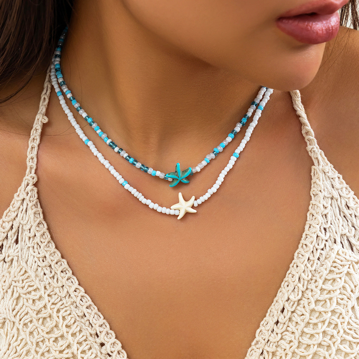 Wholesale Handmade Turquoise Starfish Turtle Glass Bead Multi Layer Body Chain Beach Summer Layering Jewelry