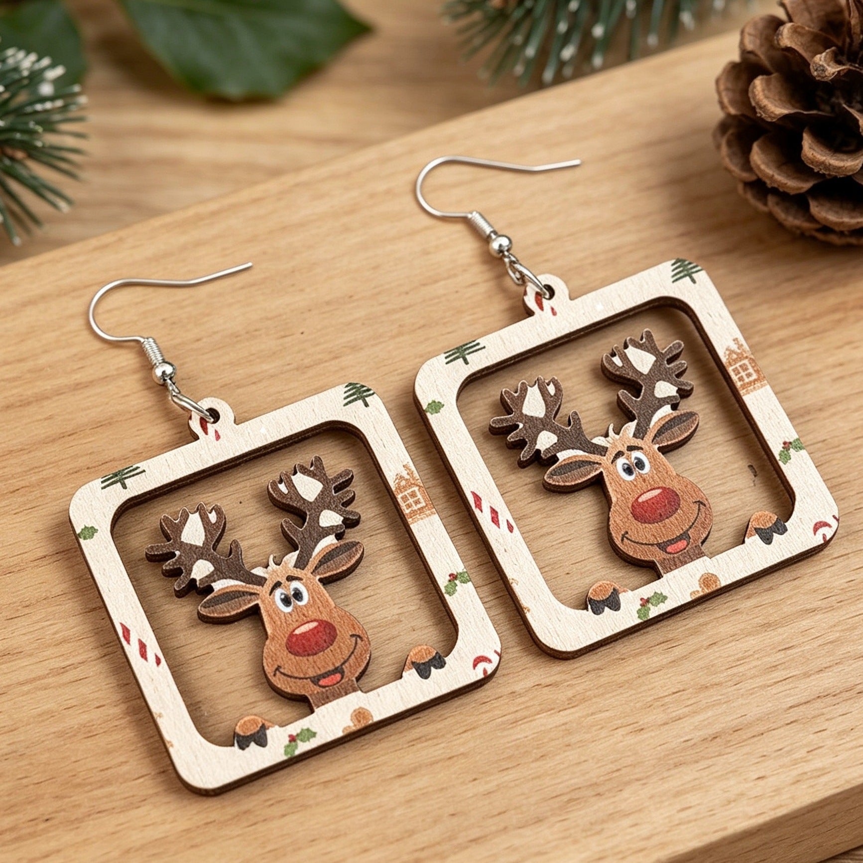 Wholesale Christmas Wooden Earrings Hollow Square Frame Santa Reindeer Print Party Jewelry Accessory
