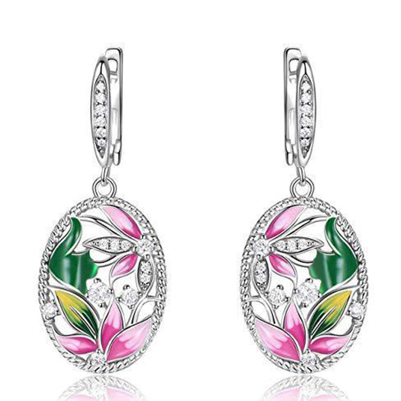 Wholesale Epoxy Oval Flower Enamel Diamond Valentine's Day Earrings