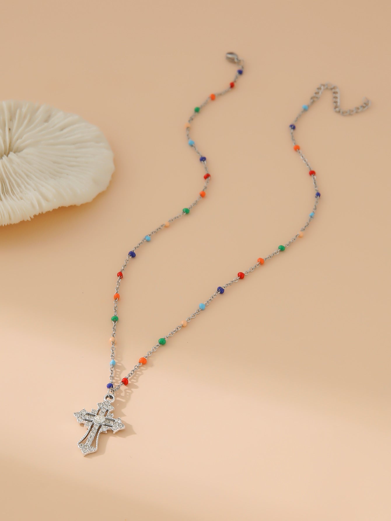 Wholesale  stainless steel mixed color bead chain diamond simple cross necklace