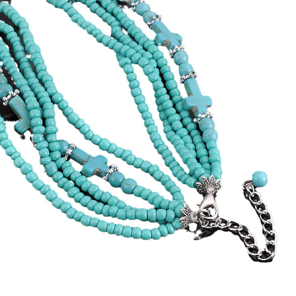 Wholesale  Retro Turquoise Rice Beads Multi-Layer Cross Necklace
