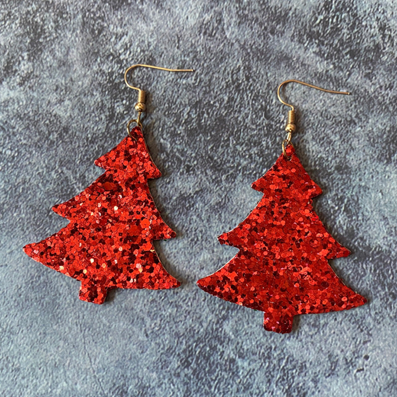 Wholesale Christmas leather  flash wave point double-sided Christmas tree shape earrings
