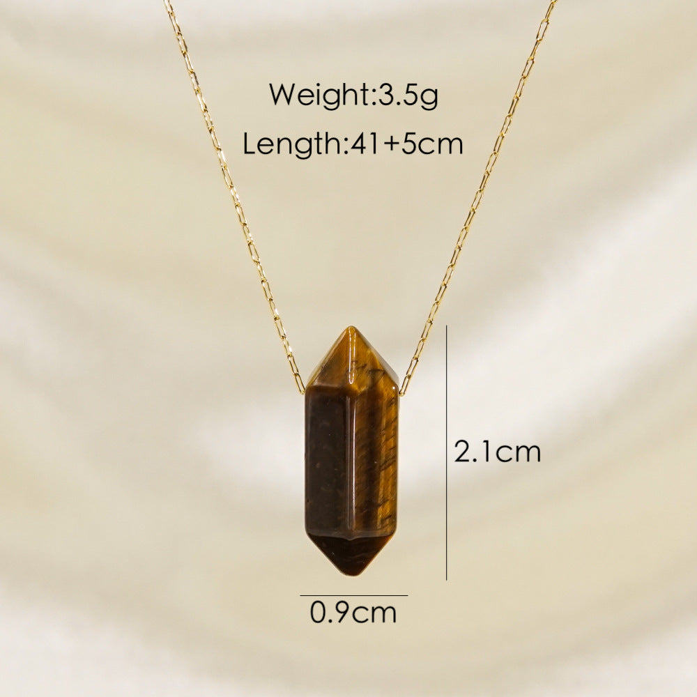 Wholesale Natural Crystal Double-pointed Multi-faceted Hand-polished Hexagonal Prism Pendant Stainless Steel Necklace