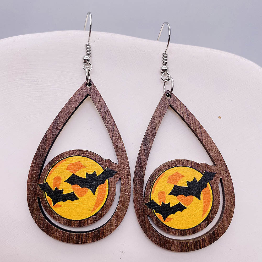 Wholesale Ghost Wooden Earrings Pumpkin Spider Skull Bat Water Drop Wooden Earrings