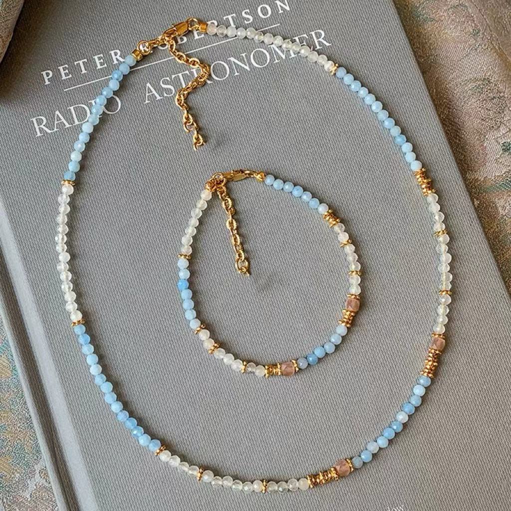 Wholesale  Natural Aquamarine Tianhe Stone Beaded White Crystal Necklace