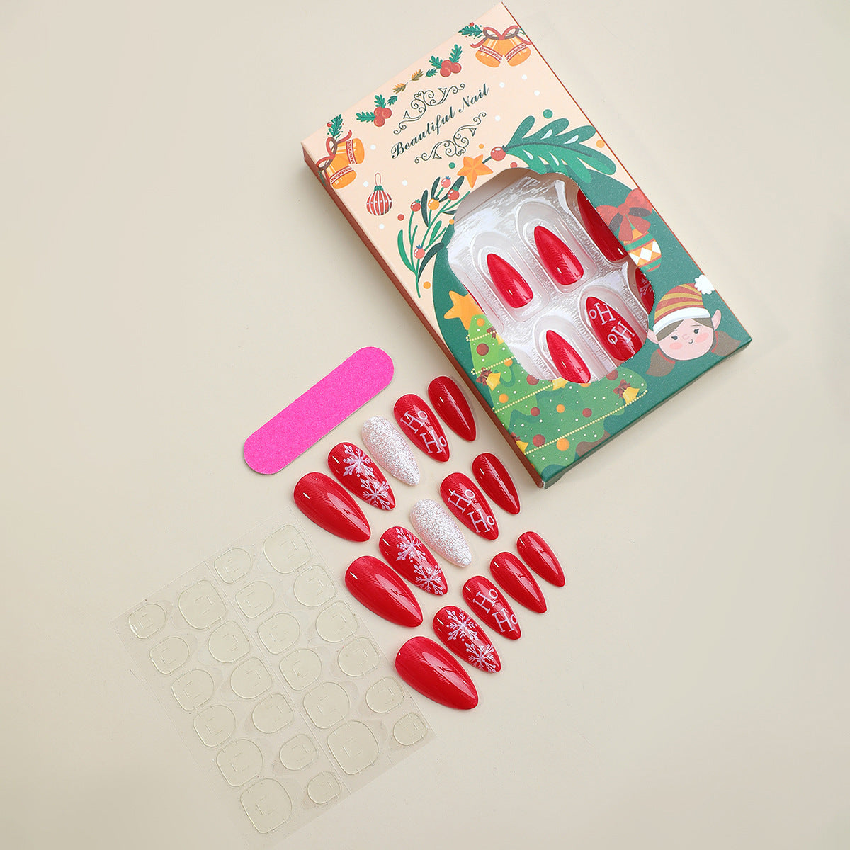 Wholesale 24pcs/box Glitter Nail Stickers Red Christmas Wearable Nails Press-on Nails Set ACC-NS-HaoYi032