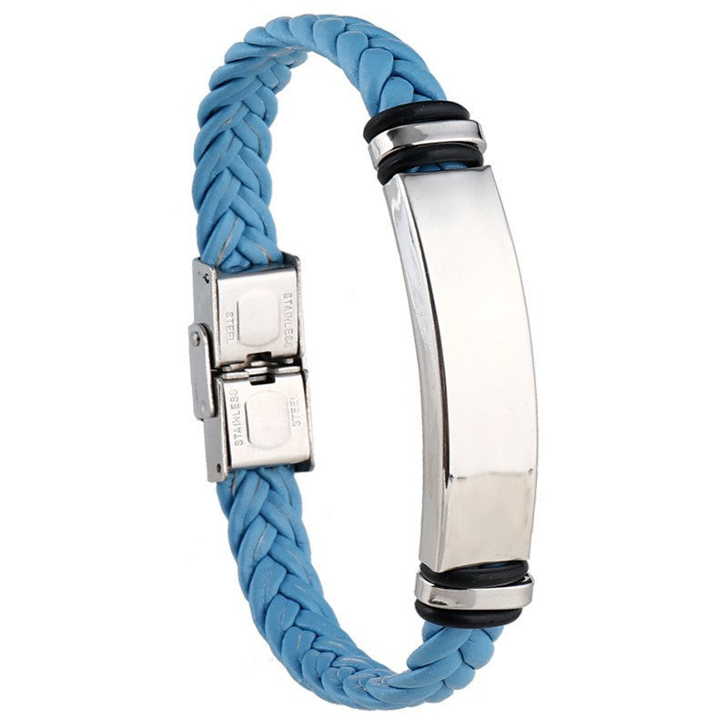 Wholesale Cross-Border Hot-Selling Woven Stainless Steel Curved DIY Personalized Engraved Fashion Retro Couple Leather Bracelet