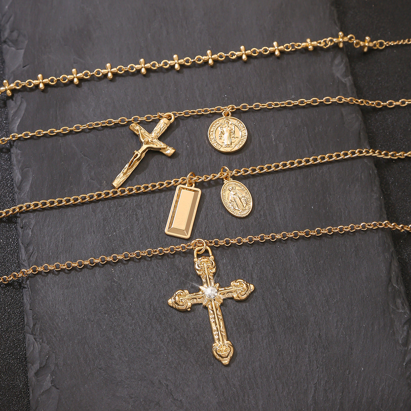 Wholesale Gold Tone Alloy Cross Pendant Necklace With Pearl Accents Hip Hop Unisex Jewelry Gift