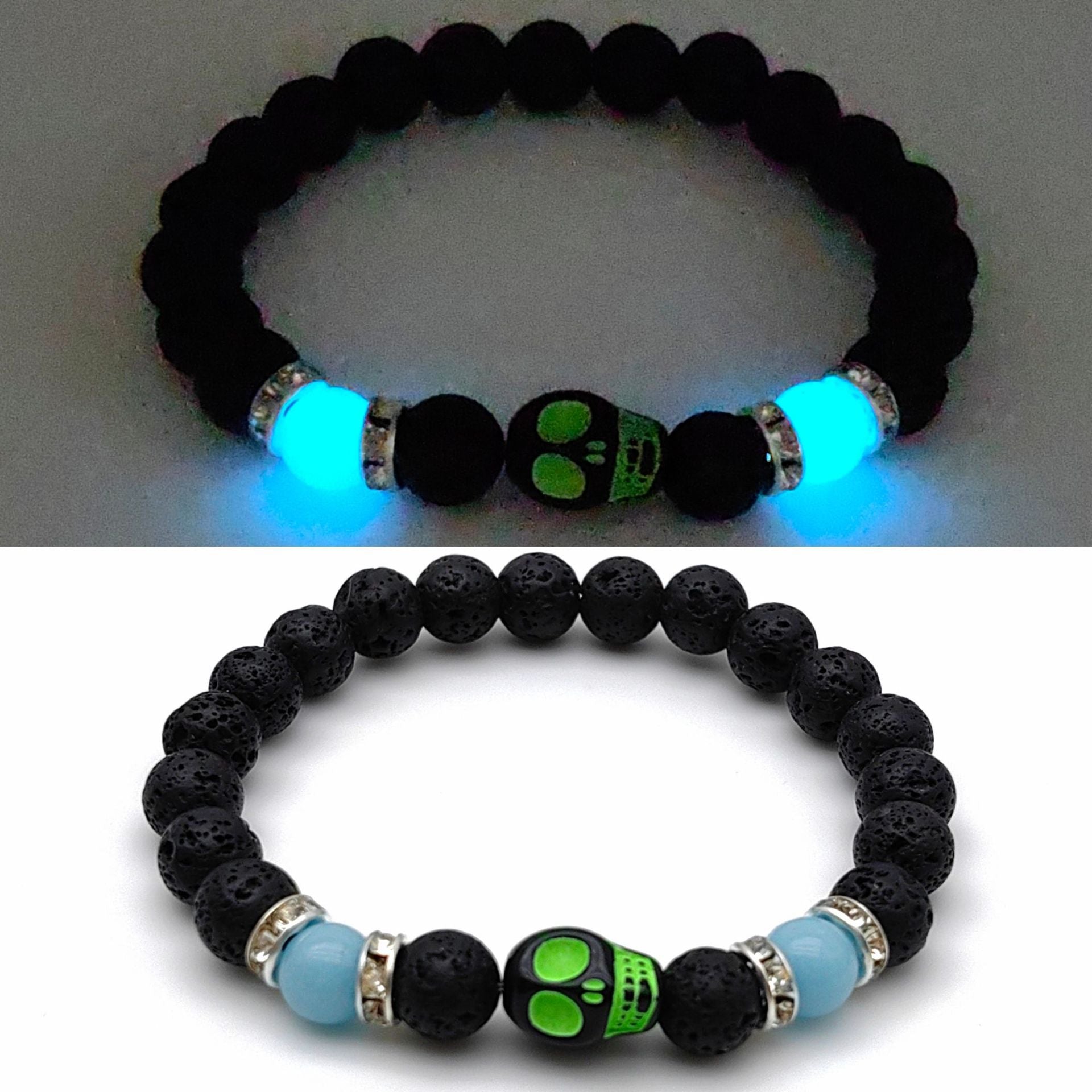 Wholesale 2pcs Halloween Skull Natural Volcanic Stone Beaded Elastic Bracelet ACC-BT-XiZhao002