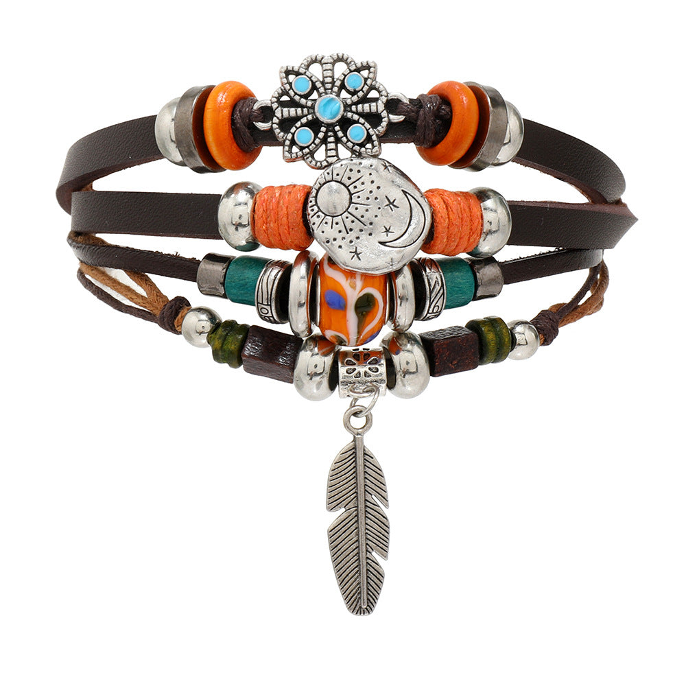 Wholesale Leather butterfly and feather pendant vintage multi-layer bracelet