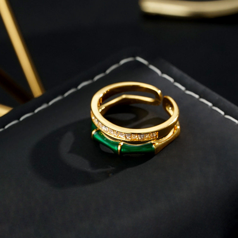 Wholesale Oil Dropping Green Bamboo Set Zircon Opening Ring