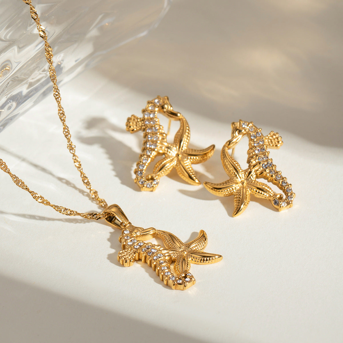 Wholesale 18k Gold Stainless Steel Hippocampus Starfish Diamond Earrings Necklaces