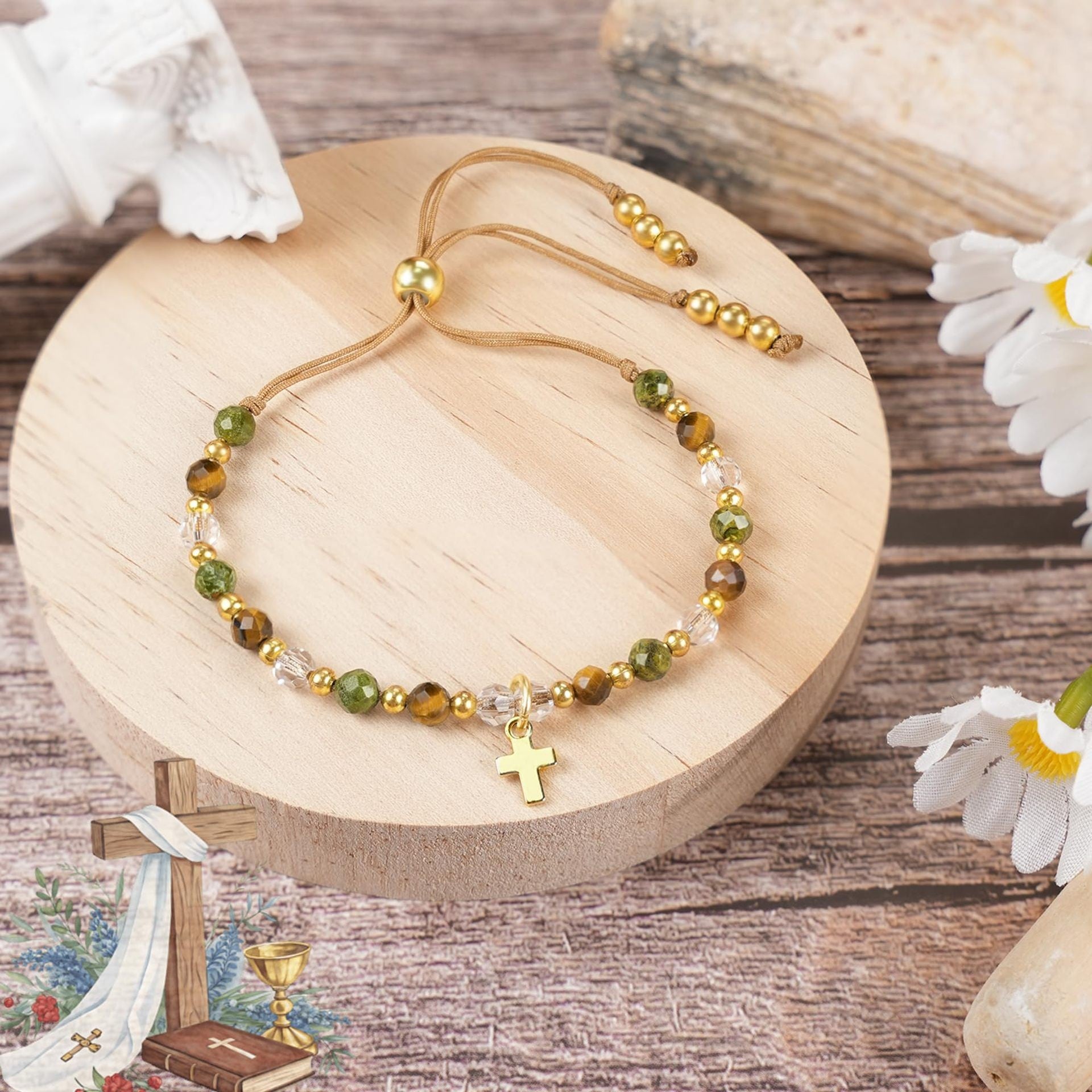 Wholesale 4mm Faceted Natural Stone Gold Cross Pendant Pull Buckle Adjustable Bracelet