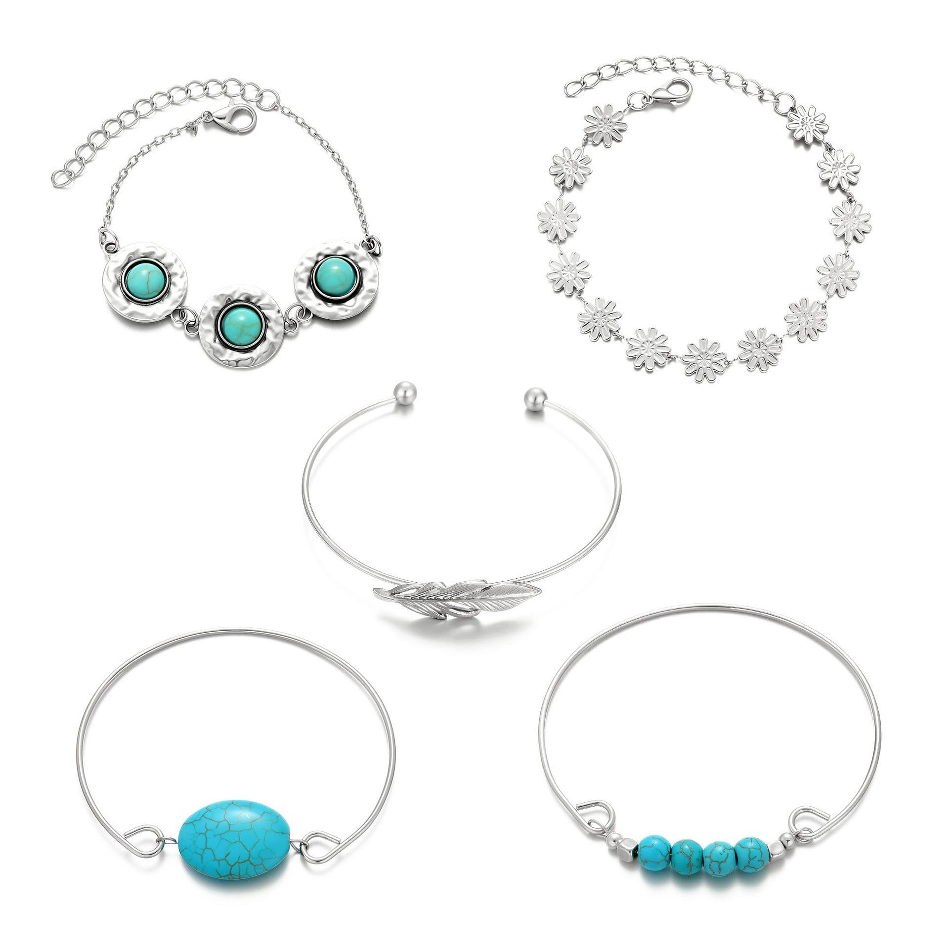 Wholesale Turquoise Feather Flower Bracelet Set - Ethnic Style 5-Piece Jewelry for Gift or Everyday Wear