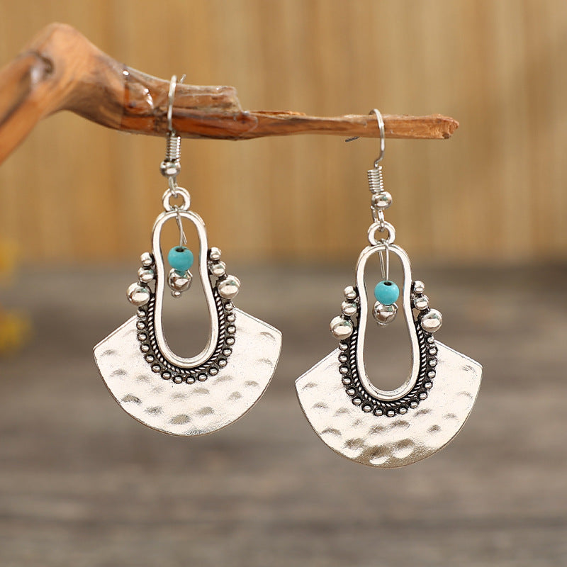 Wholesale Retro Hollow Blue Beaded Fan-Shaped Alloy Earrings Trendy Jewelry Accessory