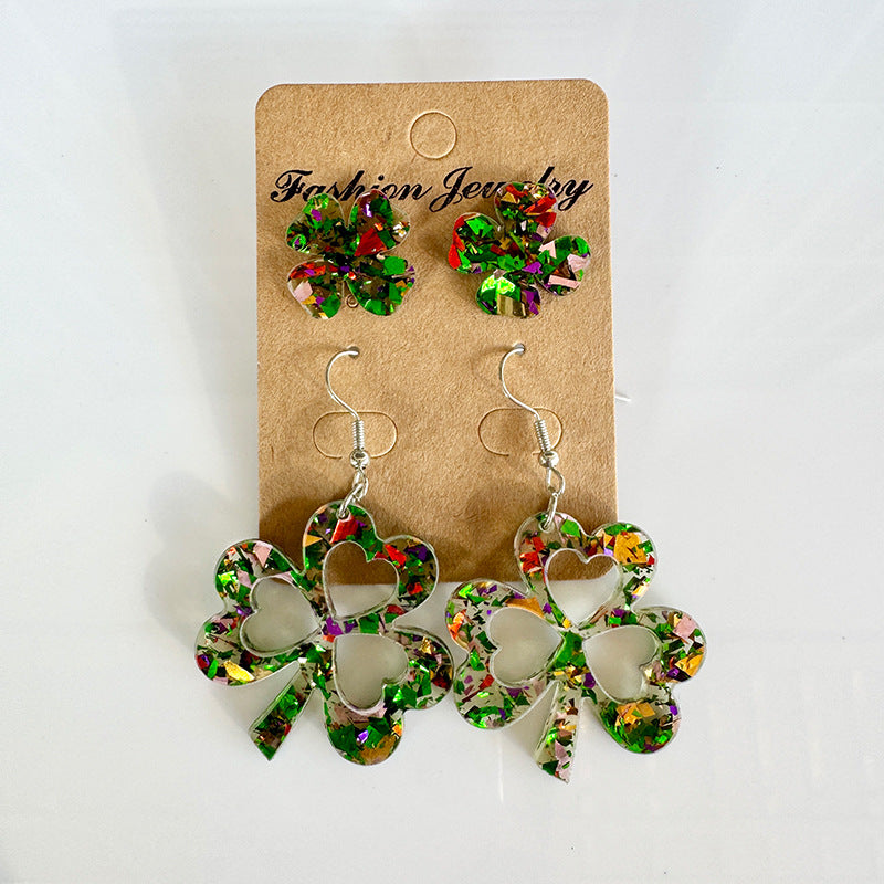 Wholesale Acrylic St.  Patrick' s Day Four-Leaf Clover and Three-Leaf Clover Earring Set