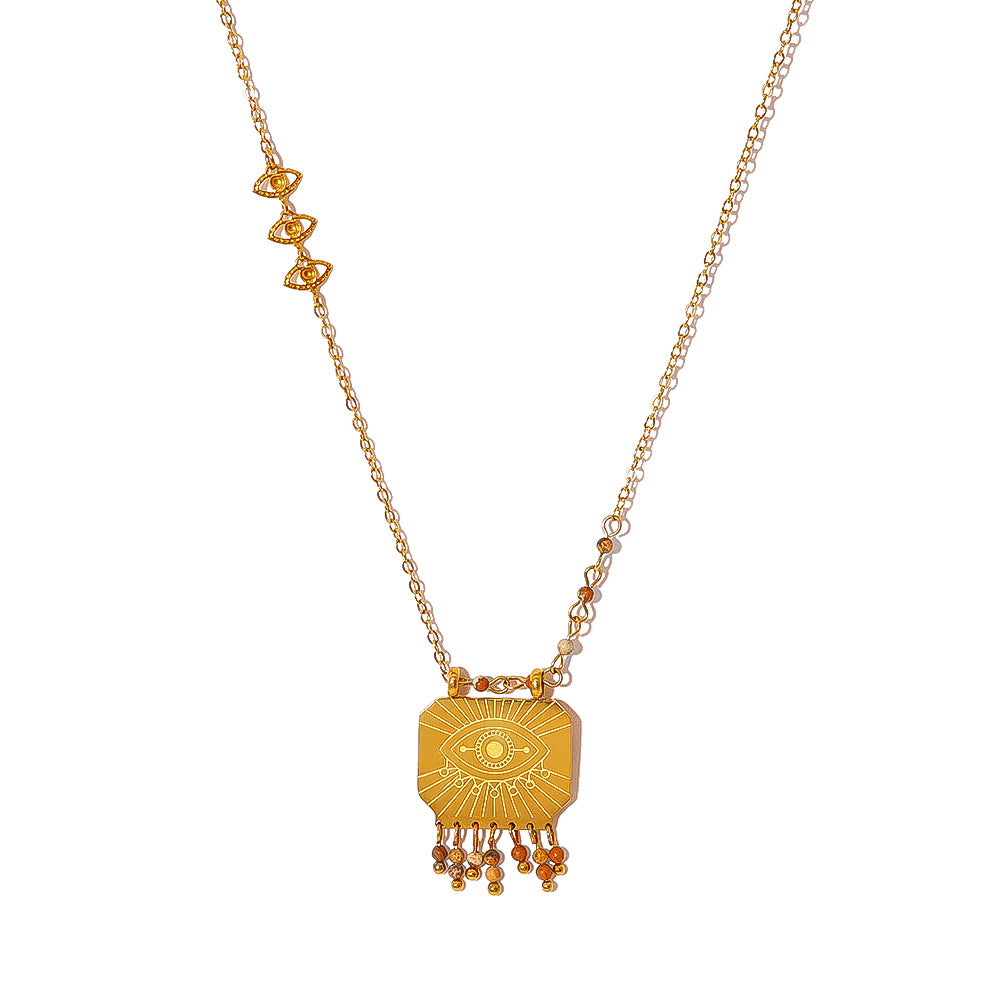 Wholesale Titanium Steel Vintage Natural Stone Square Pendant  Devil's Eye Neck Chain