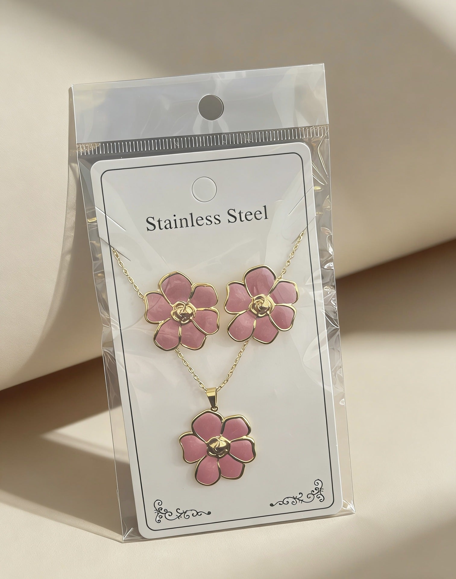 Wholesale Stainless Steel Flower and Teardrop Enamel Earrings and Necklace Set