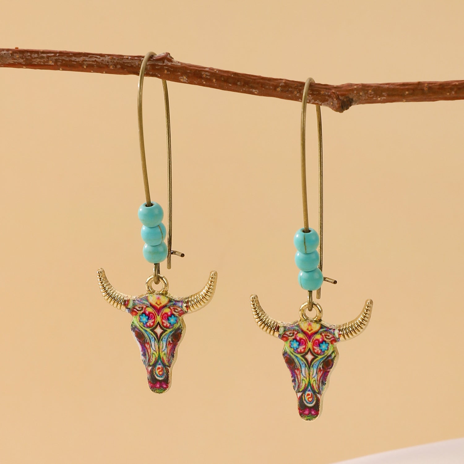 Wholesale Ethnic Style Bull Head Retro Western Cowboy Style Turquoise Earrings ACC-ES-ChengJing003