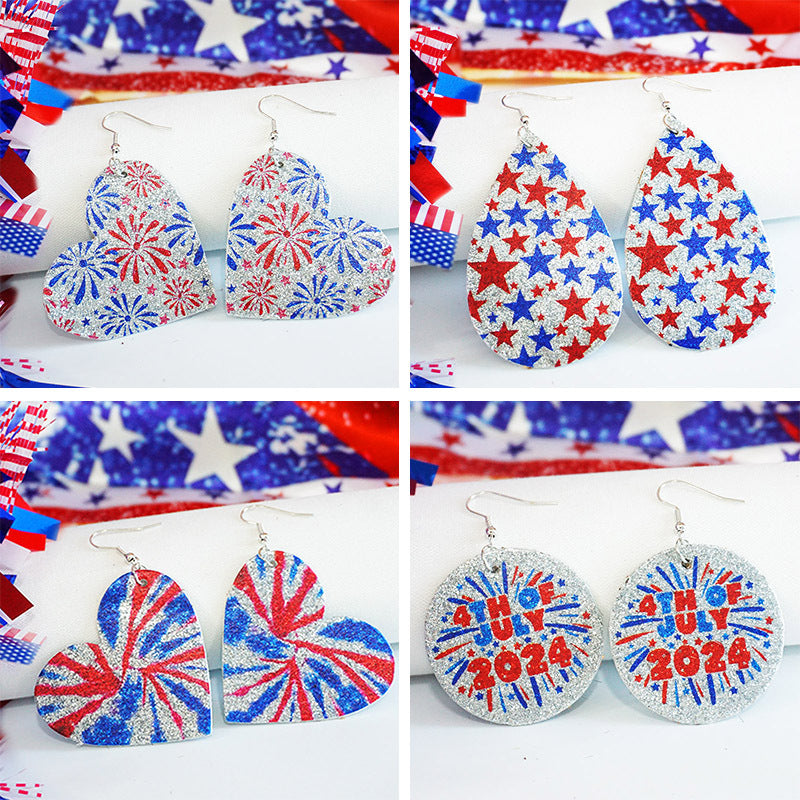 Wholesale 2 Pairs/pack American Independence Day Love Pentagram Drop-shaped Leather Earrings ACC-ES-HY043