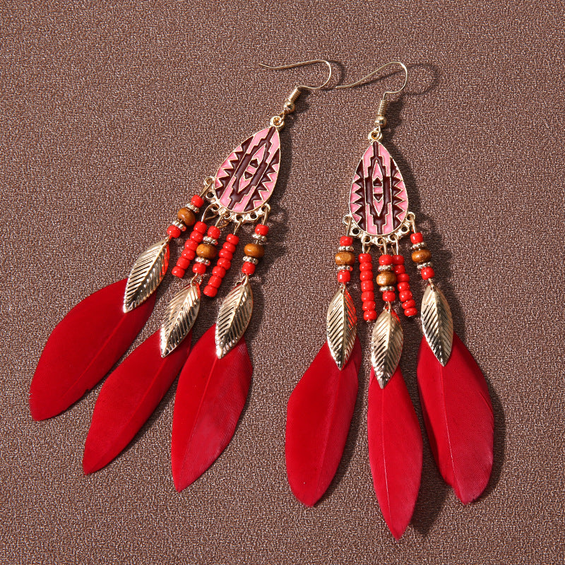 Wholesale Water Drop Tassel Feather Earrings Long Bohemian Rice Bead Earrings ACC-ES-Gumi006